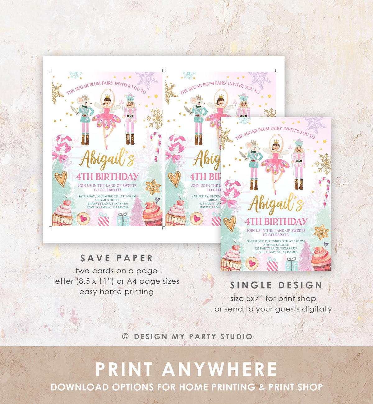 Editable Nutcracker Birthday Invitation Girl Land of Sweets Winter Gold Girl Sugar Plum Fairy Digital Download Evite Template Printable 0352