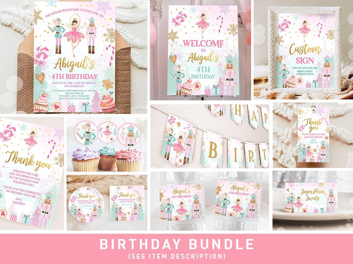 Editable Nutcracker Birthday Bundle Girl Land of Sweets Winter Pink Girl Sugar Plum Fairy Digital Download Template Printable 0352