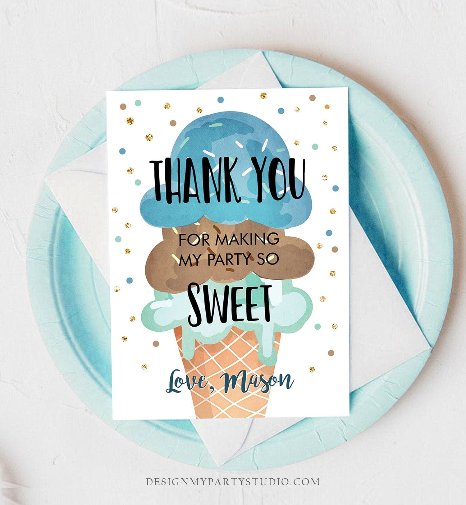Editable Ice Cream Thank You Card Ice Cream Birthday Thank You Note Boy Birthday Summer Download Printable Template Digital Corjl 0243