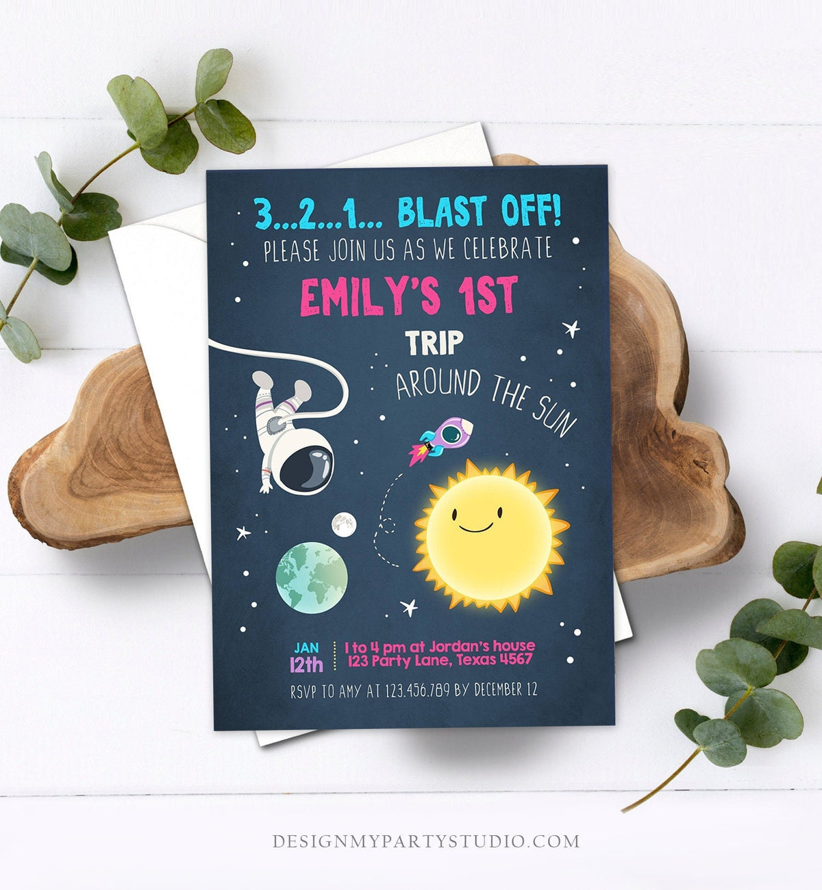 Editable Outer Space Birthday Invitation Girl Astronaut Galaxy First Birthday Around the Sun Download Printable Template Digital Evite 0046