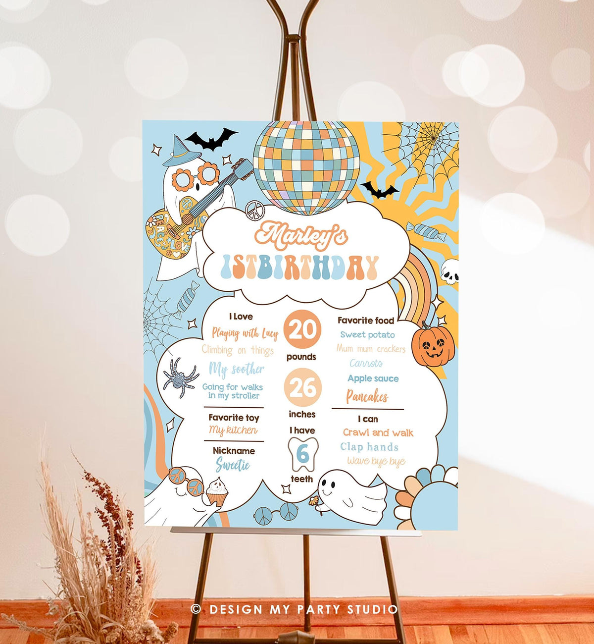 Editable Groovy Retro Halloween Birthday Milestones Sign Boy Rainbow Spooky Flower Power 70&#39;s Sun 1st Party Digital Template Printable 0471