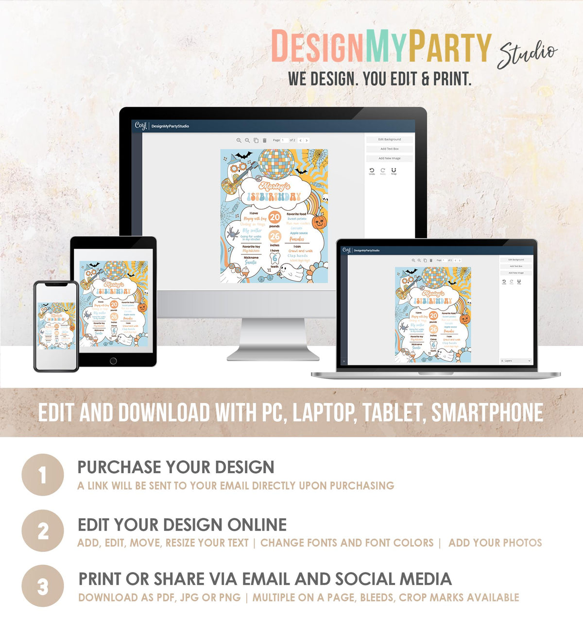 Editable Groovy Retro Halloween Birthday Milestones Sign Boy Rainbow Spooky Flower Power 70&#39;s Sun 1st Party Digital Template Printable 0471