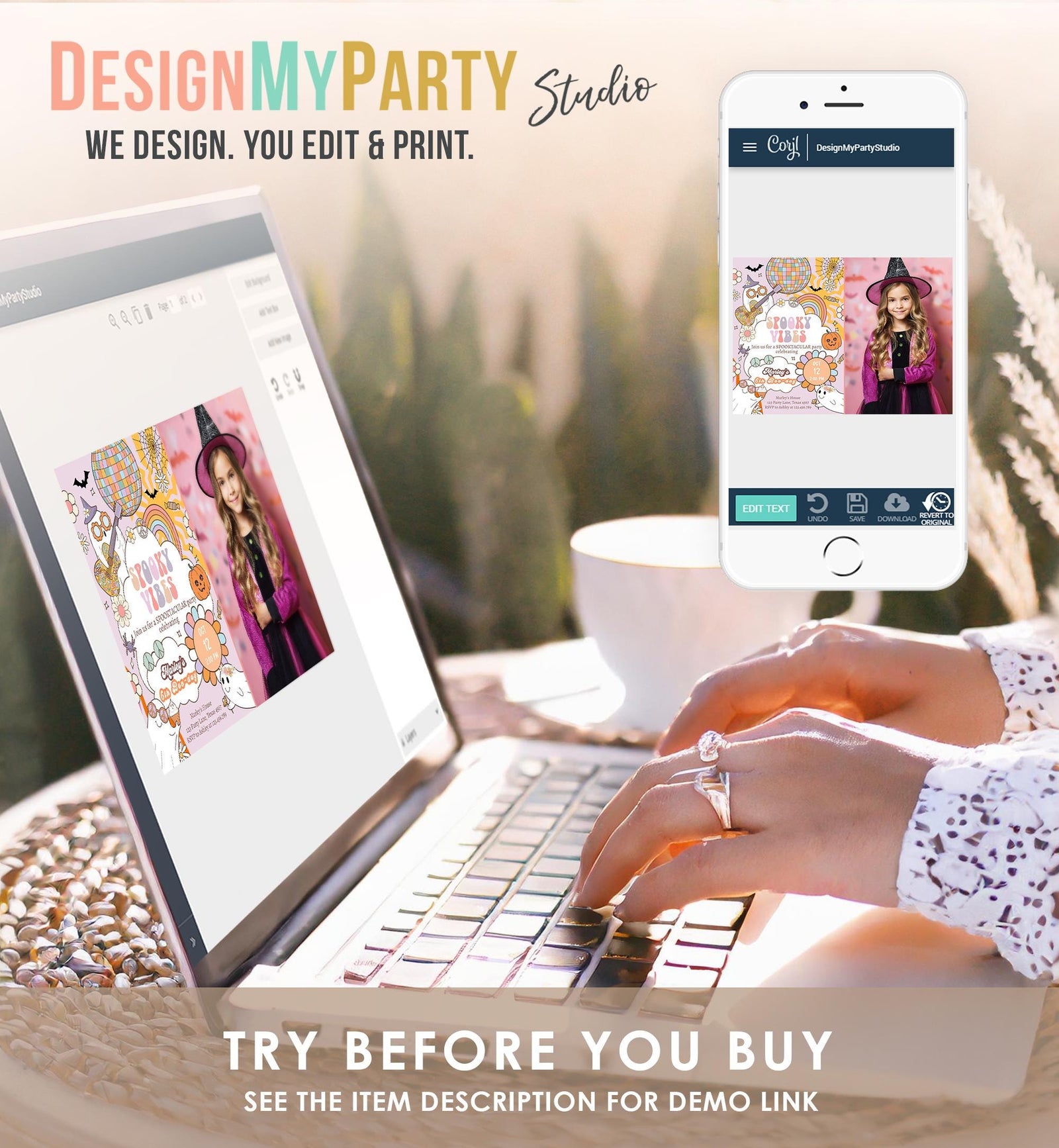 Editable Groovy Halloween Birthday Invitation Pink Spooky Vibes Ghost Party Girl Spooktacular Digital Download Evite Template Printable 0471