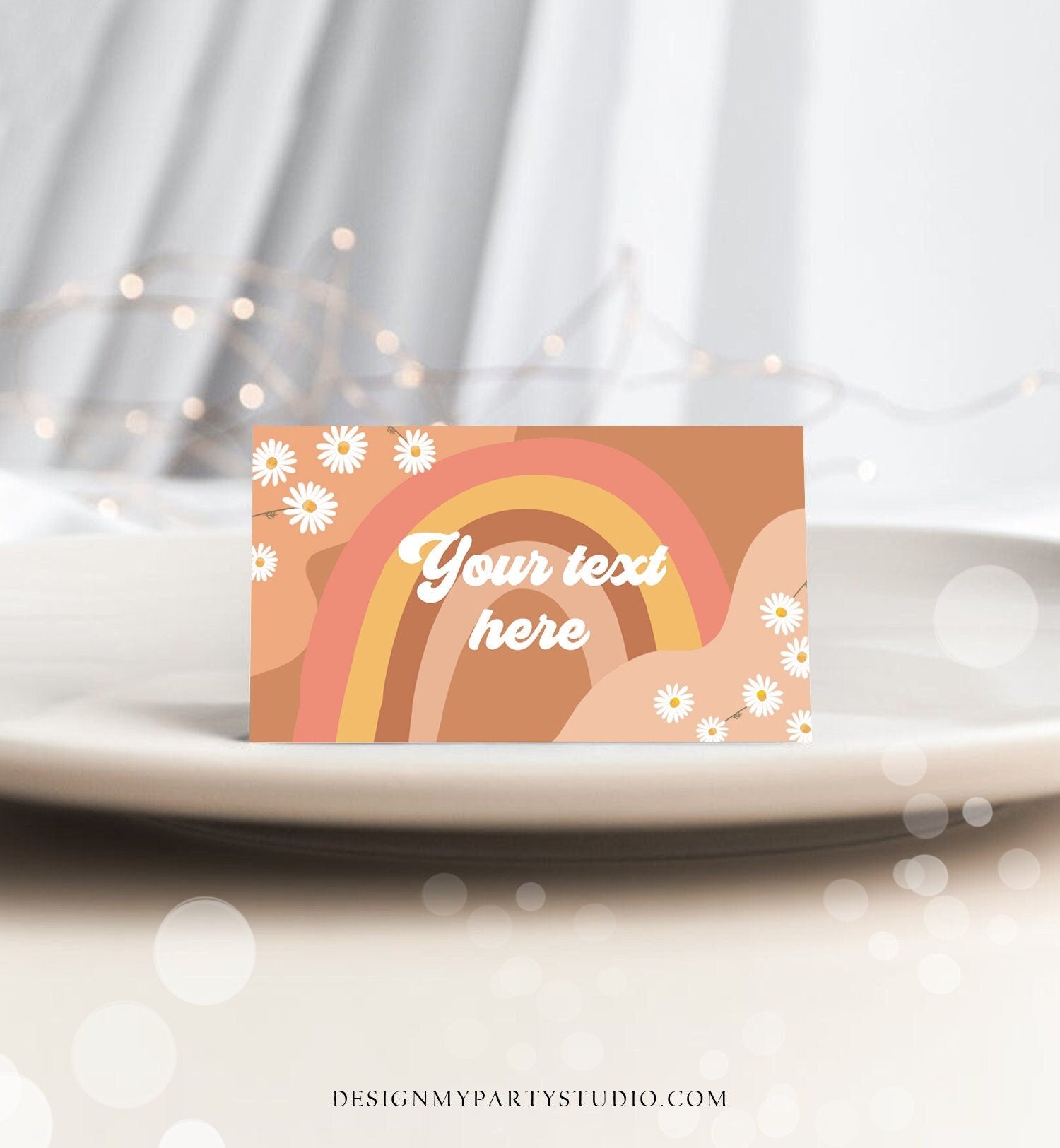 Editable Groovy Retro Daisy Food Label Flower Power 70's Birthday Place Card Tent Card Folded Festival Vibes Digital Template Printable 0428