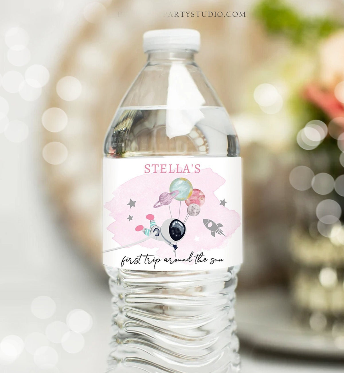 Editable Outer Space Water Bottle Label Galaxy Party Decor Girl Space 1st Birthday First Trip Around the Sun Digital Template Printable 0366