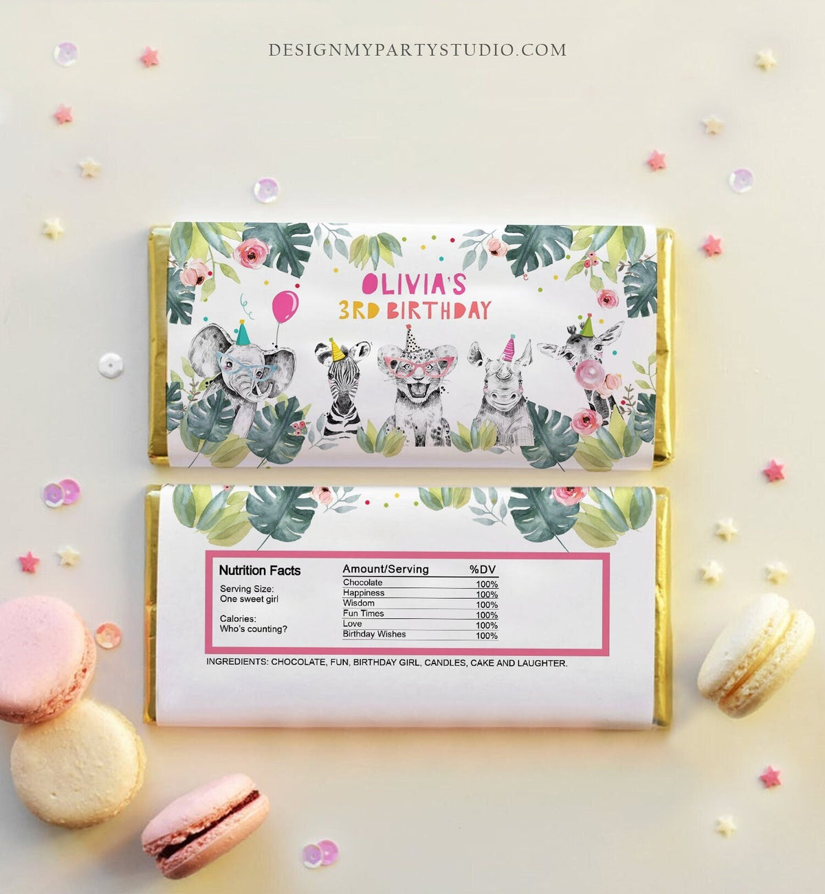 Editable Candy Bar Wrapper Party Animals Birthday Chocolate Bar Wrapper Safari Birthday Favors Jungle Girl Digital Template Printable 0322