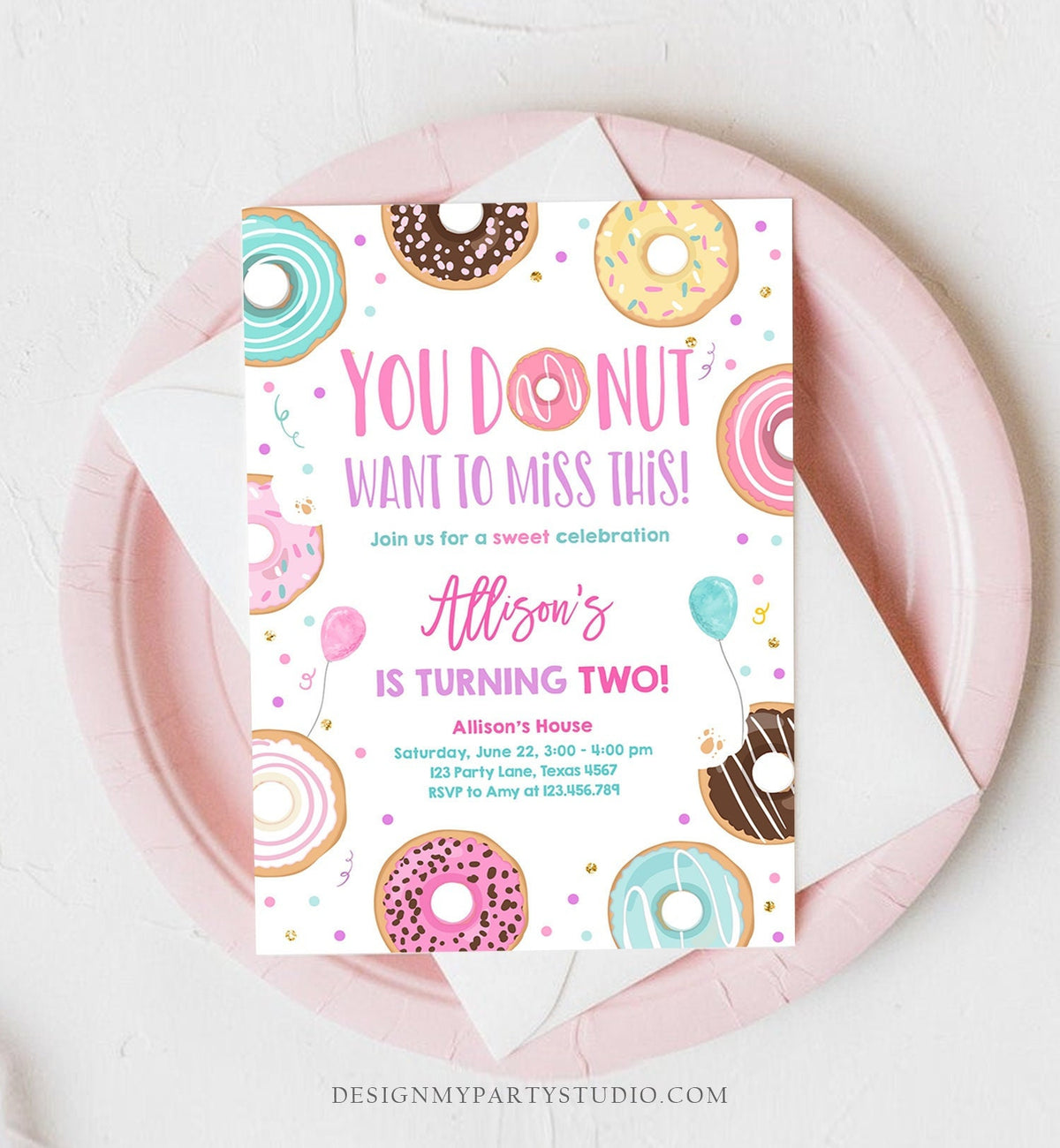 Editable Donut Want To Miss This Birthday Invitation Sweet Party Pink Gold Girl Doughnut Sweet One Digital Download Template Printable 0343