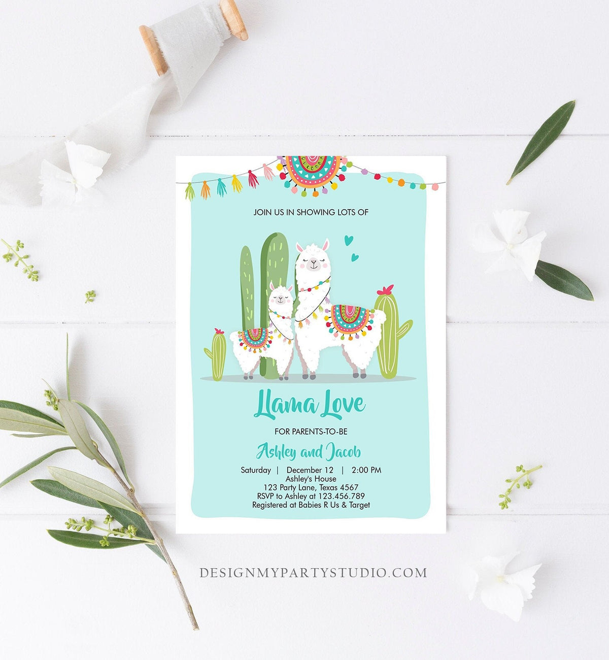 Editable Llama Baby Shower Invitation Blue Boy Llama Love Fiesta Cactus Mexican Couples Shower Digital Download Template Printable 0079