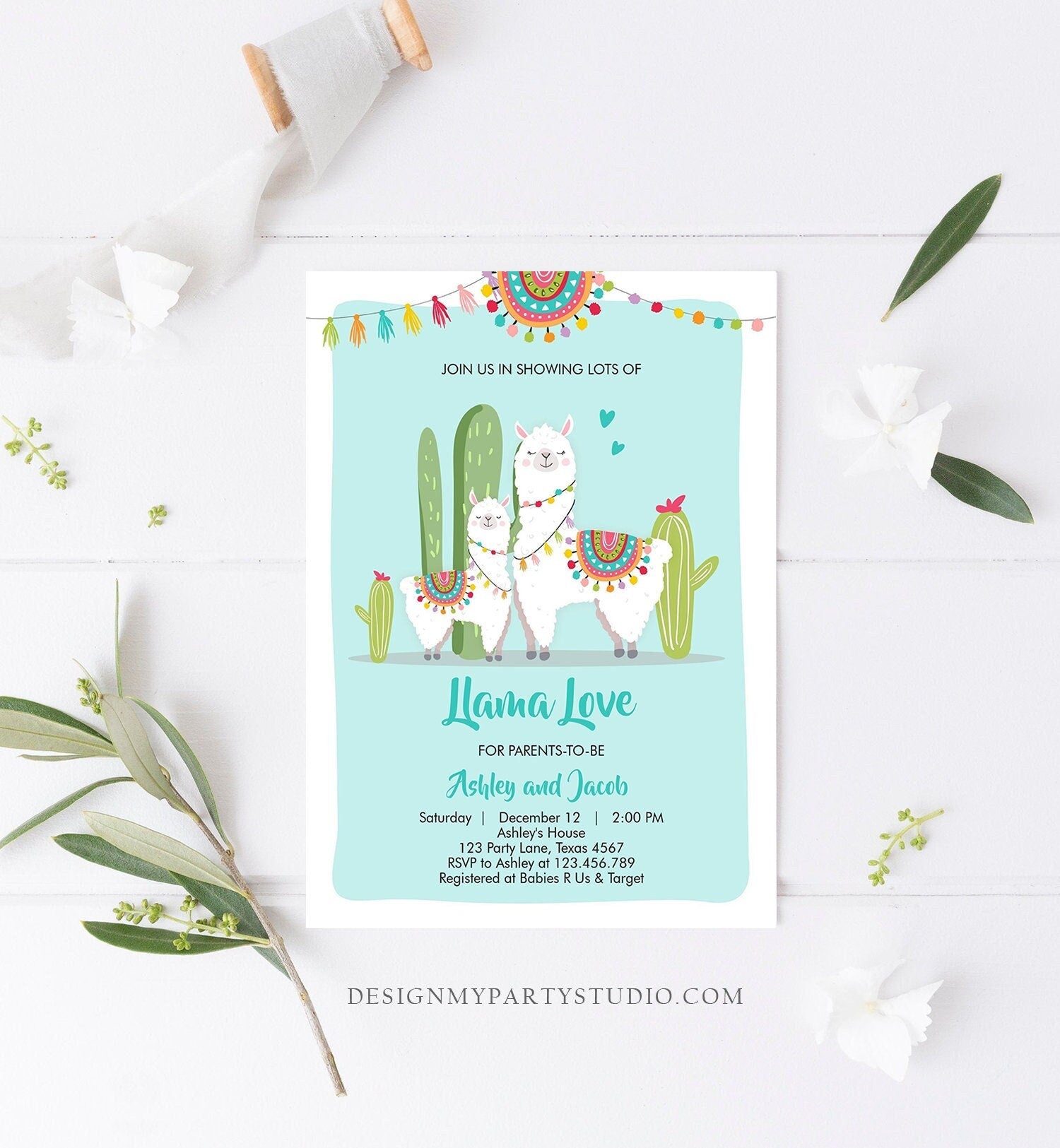 Editable Llama Baby Shower Invitation Blue Boy Llama Love Fiesta Cactus Mexican Couples Shower Digital Download Template Printable 0079