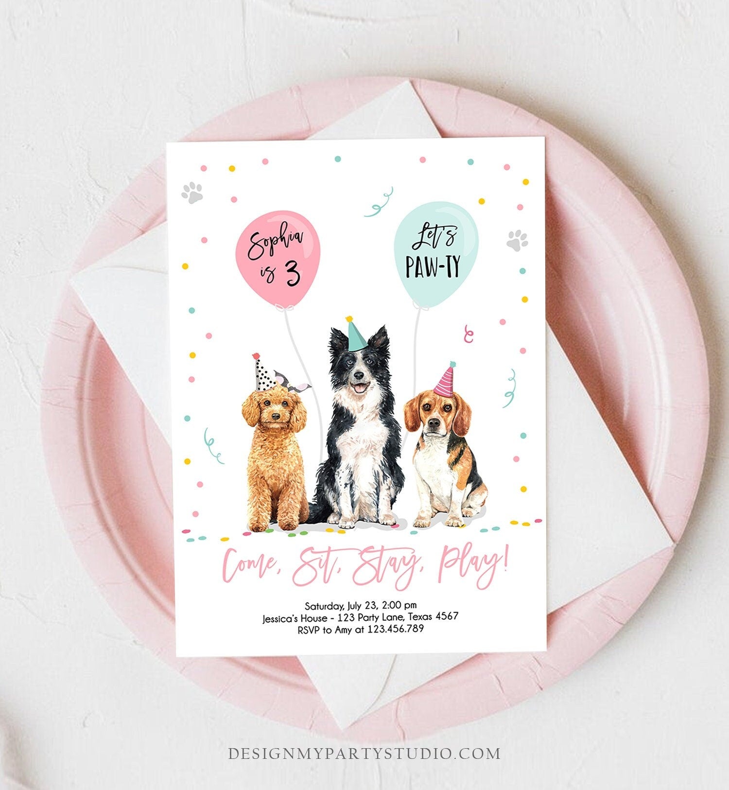 Editable Dog Birthday Party Invitation Puppy Birthday Invite Pink Girl Doggy Shelter Animal Pet Vet Digital Download Template Printable 0384