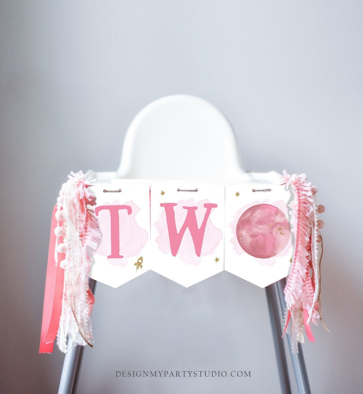 Outer Space Planets High Chair Banner Galaxy Girl 2nd Birthday Pink High Chair Banner TWO the Moon Space Party Decor Digital Printable 0357