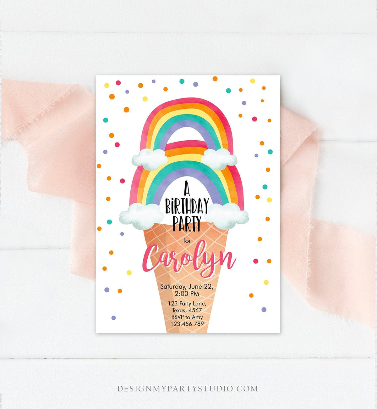 Editable Rainbow Ice Cream Birthday Invitation First Birthday Party Rainbow Party Cone Summer Rainbow Digital Template Printable 0243