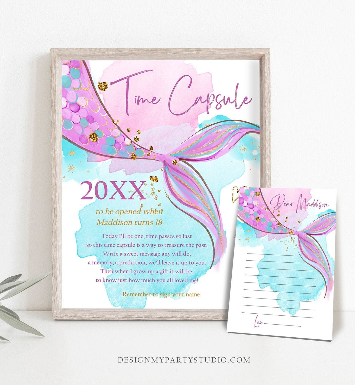 Editable Mermaid Time Capsule First Birthday Party Watercolor Mermaid Tail Pink Gold Purple Guestbook Digital Template Printable 0403