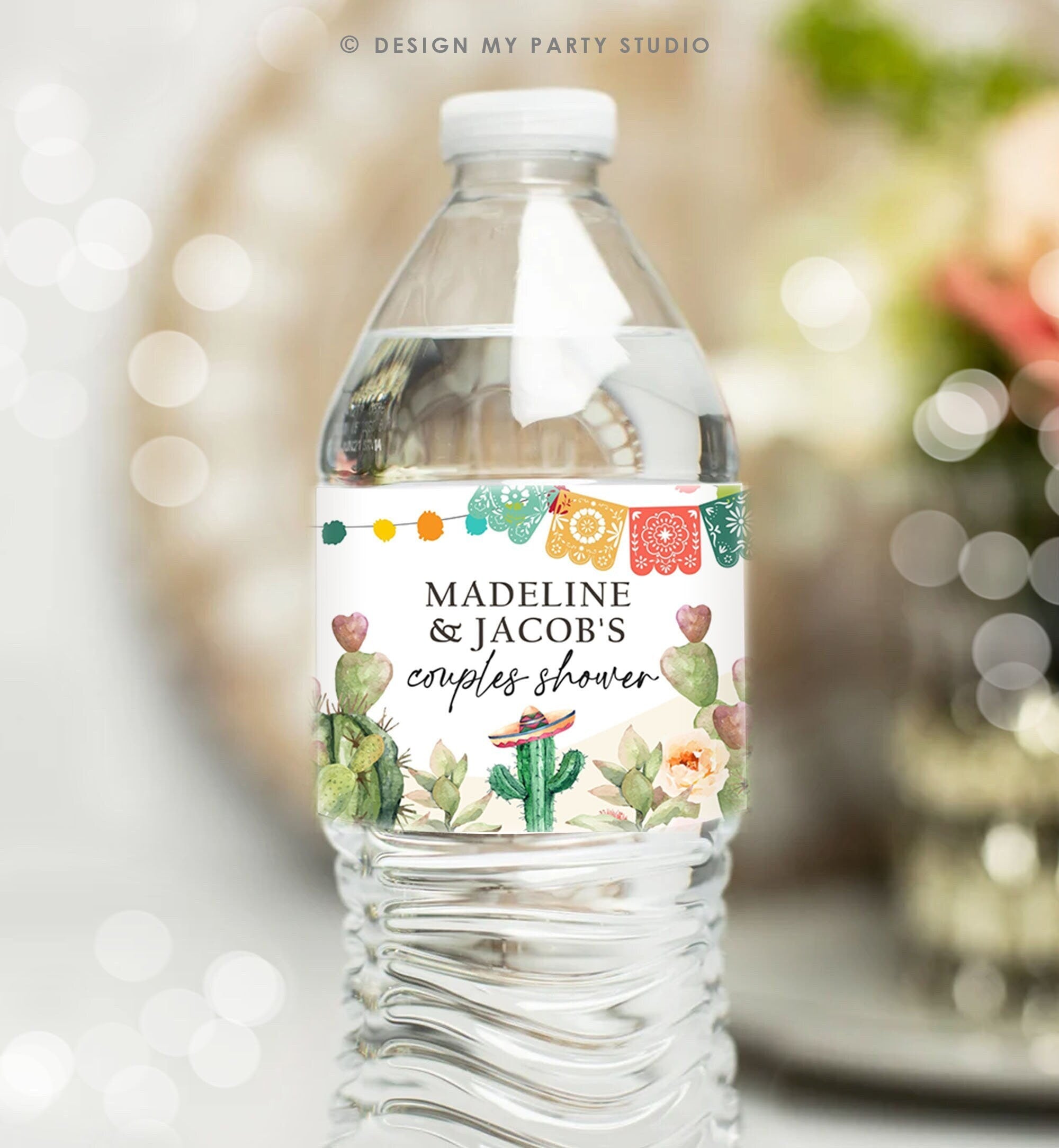 Editable Fiesta Water Bottle Labels Fiesta Couples Shower Taco Bout Love Cactus Mexican Desert Succulent Digital Template Printable 0404