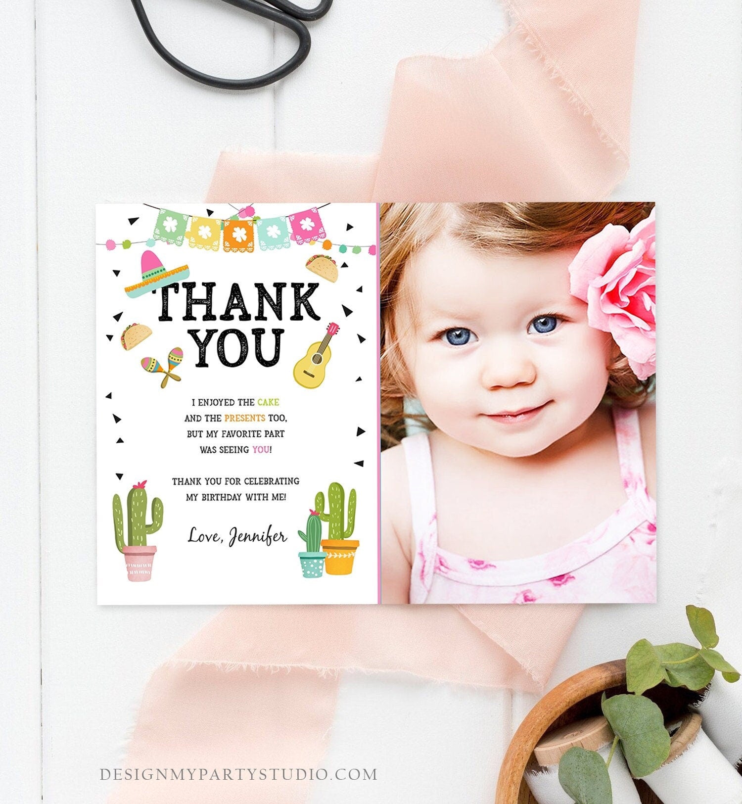 Editable Taco Fiesta Thank You Card Birthday Party Baby Bridal Shower Cactus Succulent Mexican Green Girl Digital Template Printable 0161