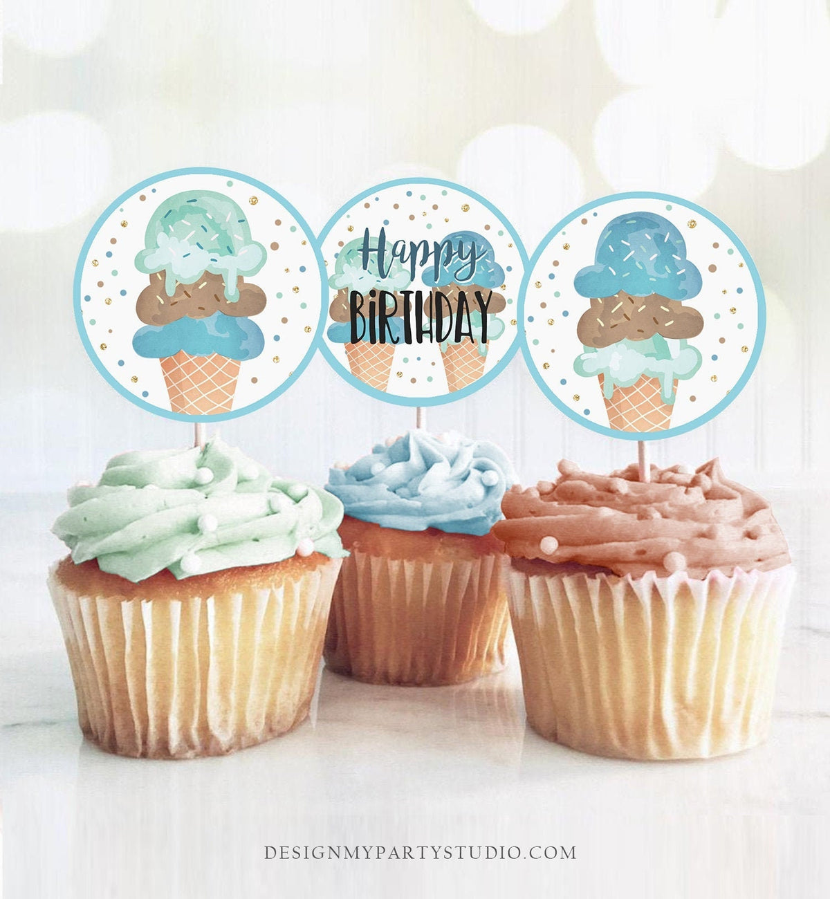 Ice Cream Cupcake Toppers Favor Tags Ice Cream Birthday Party Decoration Boy Blue Mint Brown Summer Scoop Digital Download Printable 0243