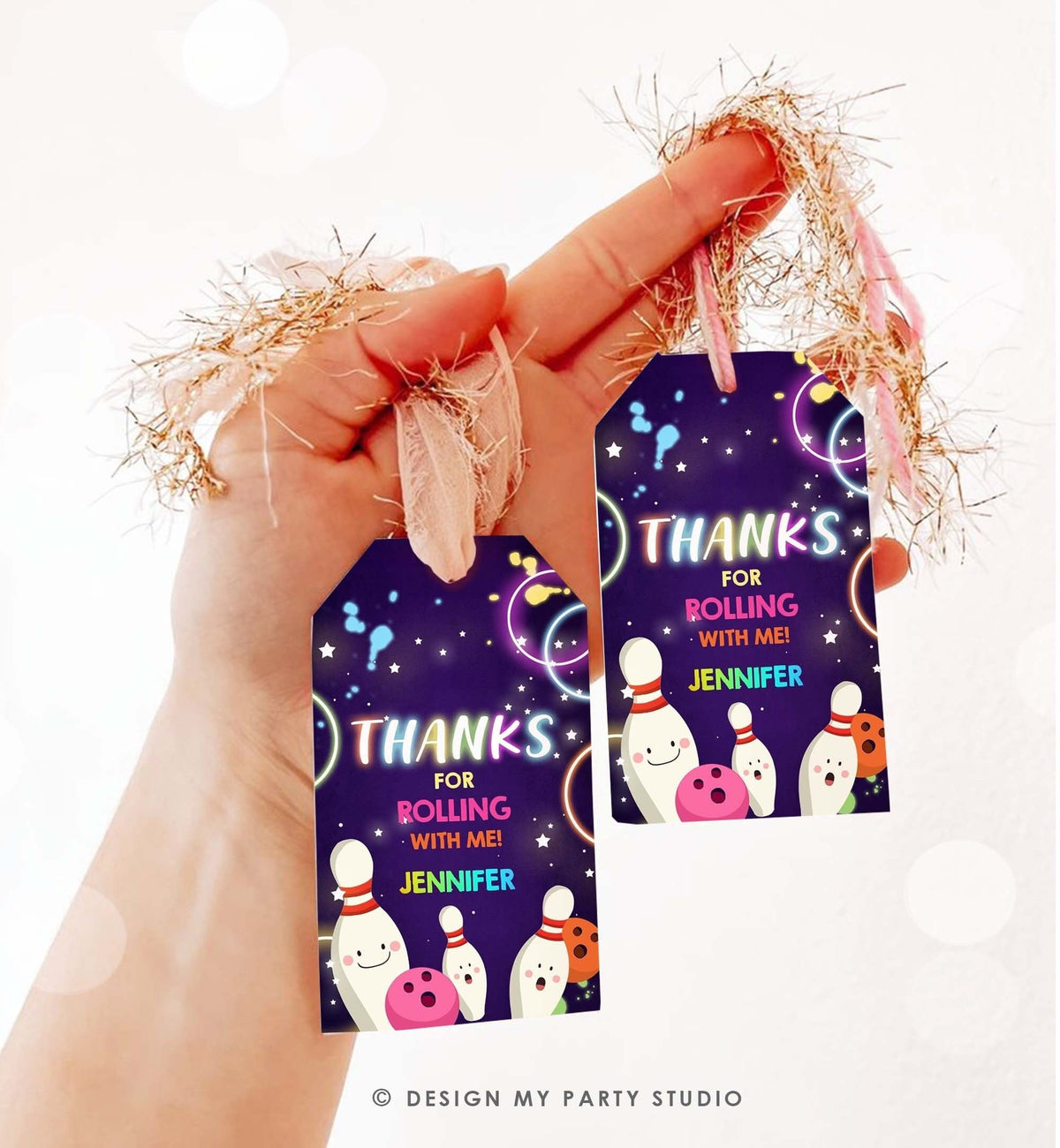 Editable Bowling Favor Tag Neon Glow Birthday Girl Bowling Thank You Tag Label tags Neon Pink Rolling With Me Labels Template Printable 0172