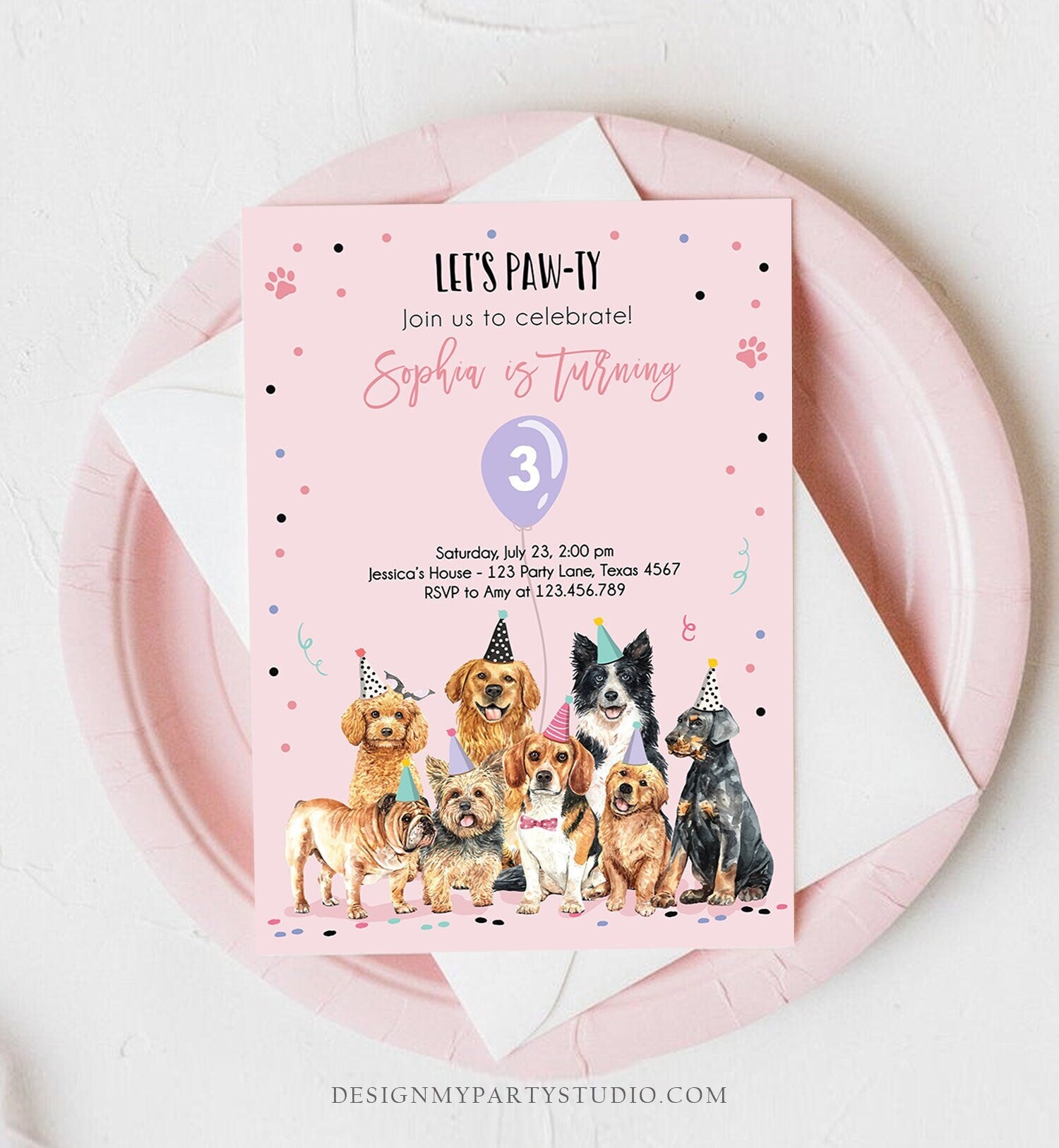 Editable Puppy Birthday Invitation Dogs Birthday Party Invite Pink Girl Watercolor Let's Pawty Dog Digital Download Template Printable 0384