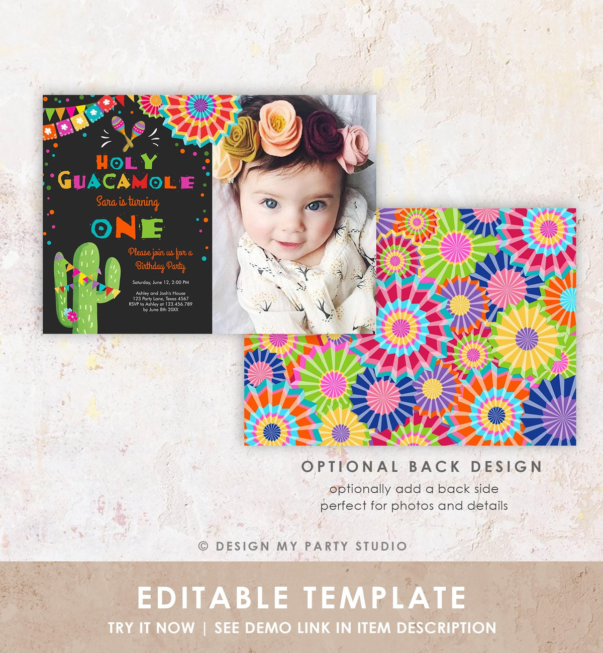 Editable First Fiesta Birthday Invitation Holy Guacamole ONE First Birthday 1st Mexican Cactus Cumpleaños Digital Template Printable 0045
