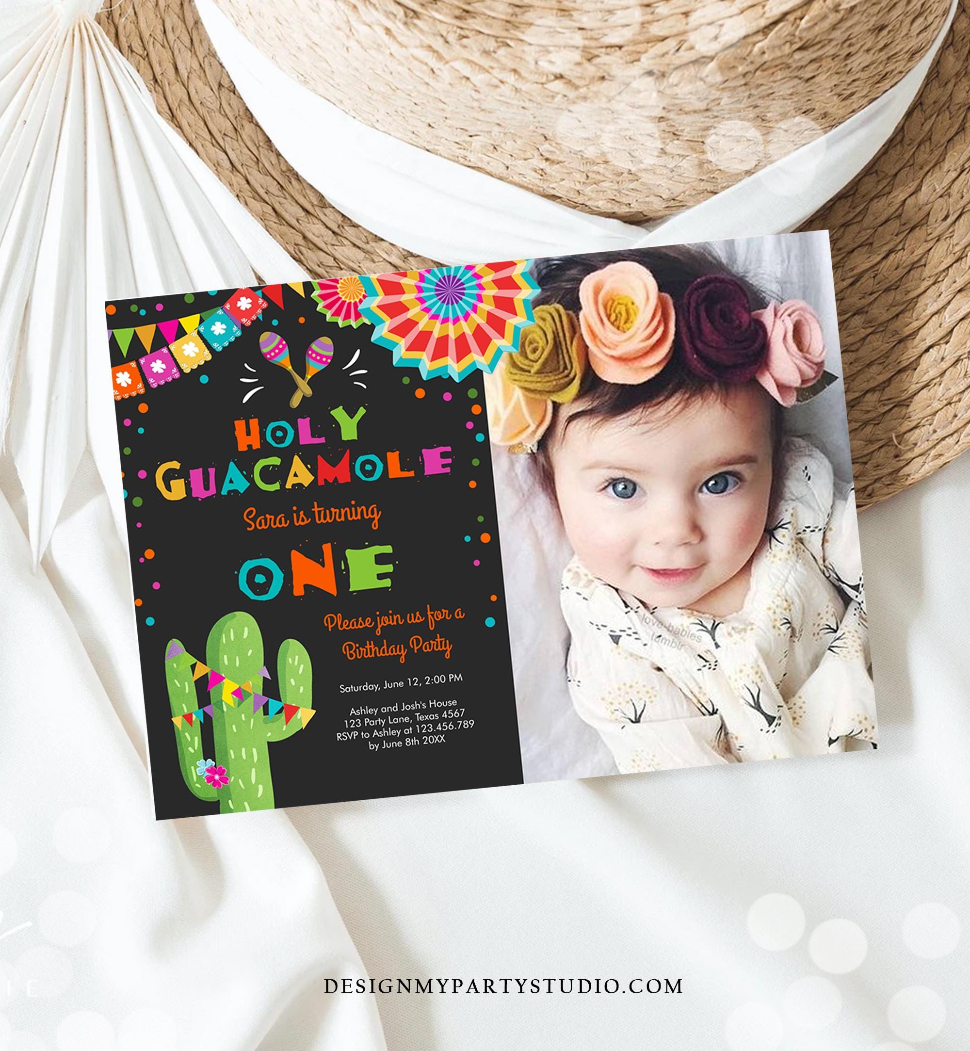 Editable First Fiesta Birthday Invitation Holy Guacamole ONE First Birthday 1st Mexican Cactus Cumpleaños Digital Template Printable 0045