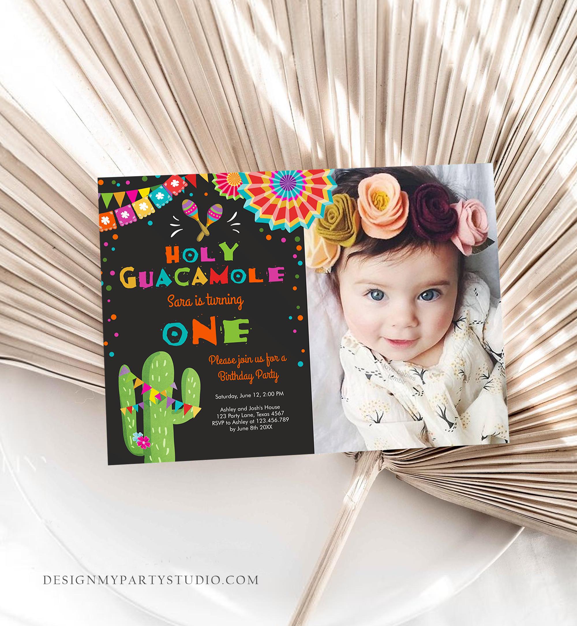 Editable First Fiesta Birthday Invitation Holy Guacamole ONE First Birthday 1st Mexican Cactus Cumpleaños Digital Template Printable 0045
