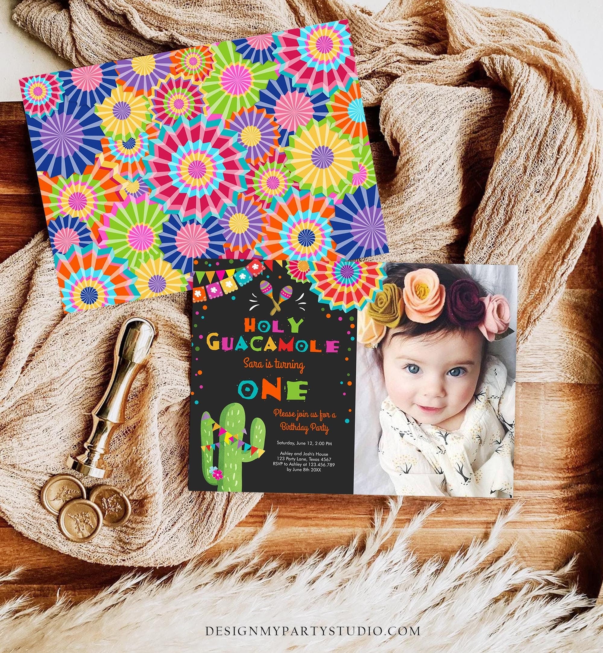 Editable First Fiesta Birthday Invitation Holy Guacamole ONE First Birthday 1st Mexican Cactus Cumpleaños Digital Template Printable 0045