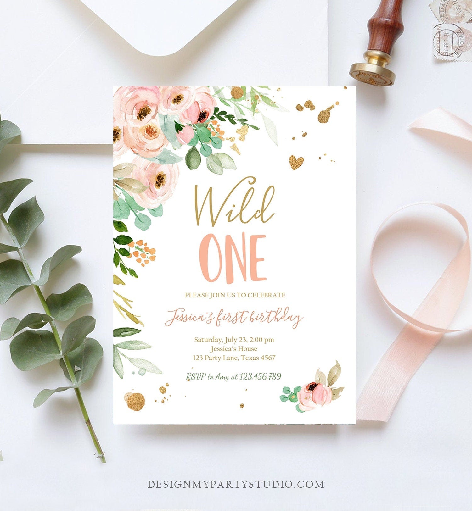 Editable Wild One Birthday Invitation 1st Birthday Girl Pink Gold Floral Miss Onederful Digital Download Evite Template Printable 0147