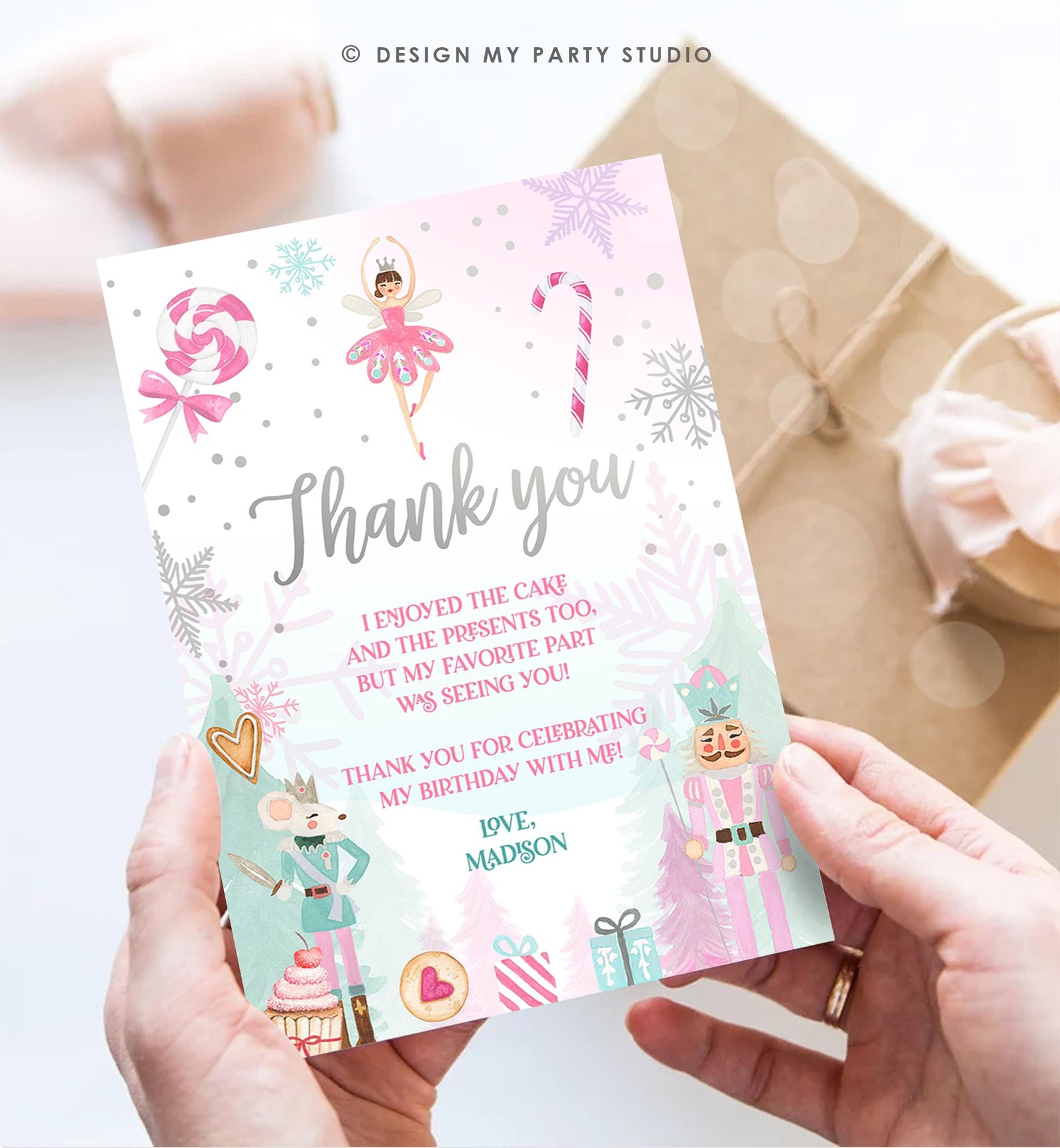 Editable Nutcracker Thank You Card Girl Land of Sweets Winter Pink Girl Sugar Plum Fairy Digital Download Template Printable 0352