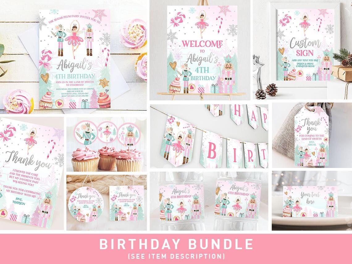 Editable Nutcracker Birthday Bundle Girl Land of Sweets Winter Pink Girl Sugar Plum Fairy Digital Download Template Printable 0352