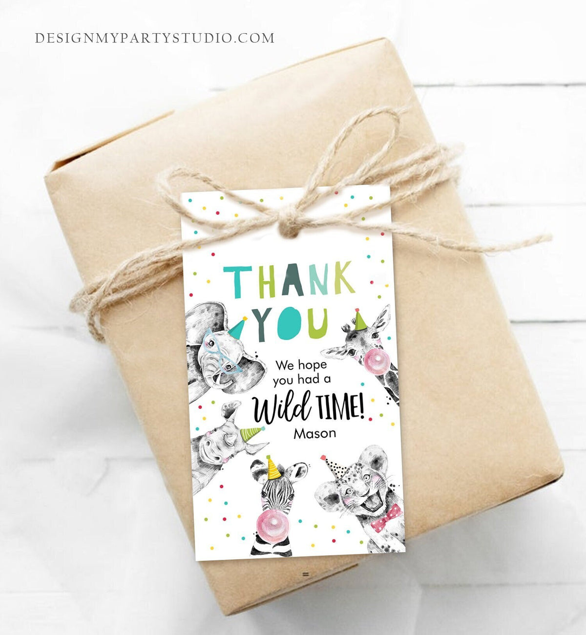 Editable Party Animals Favor Tags Boy Wild One Safari Animals Thank You Tags Zoo Birthday Wild Time Gift Tag Digital Template Printable 0390