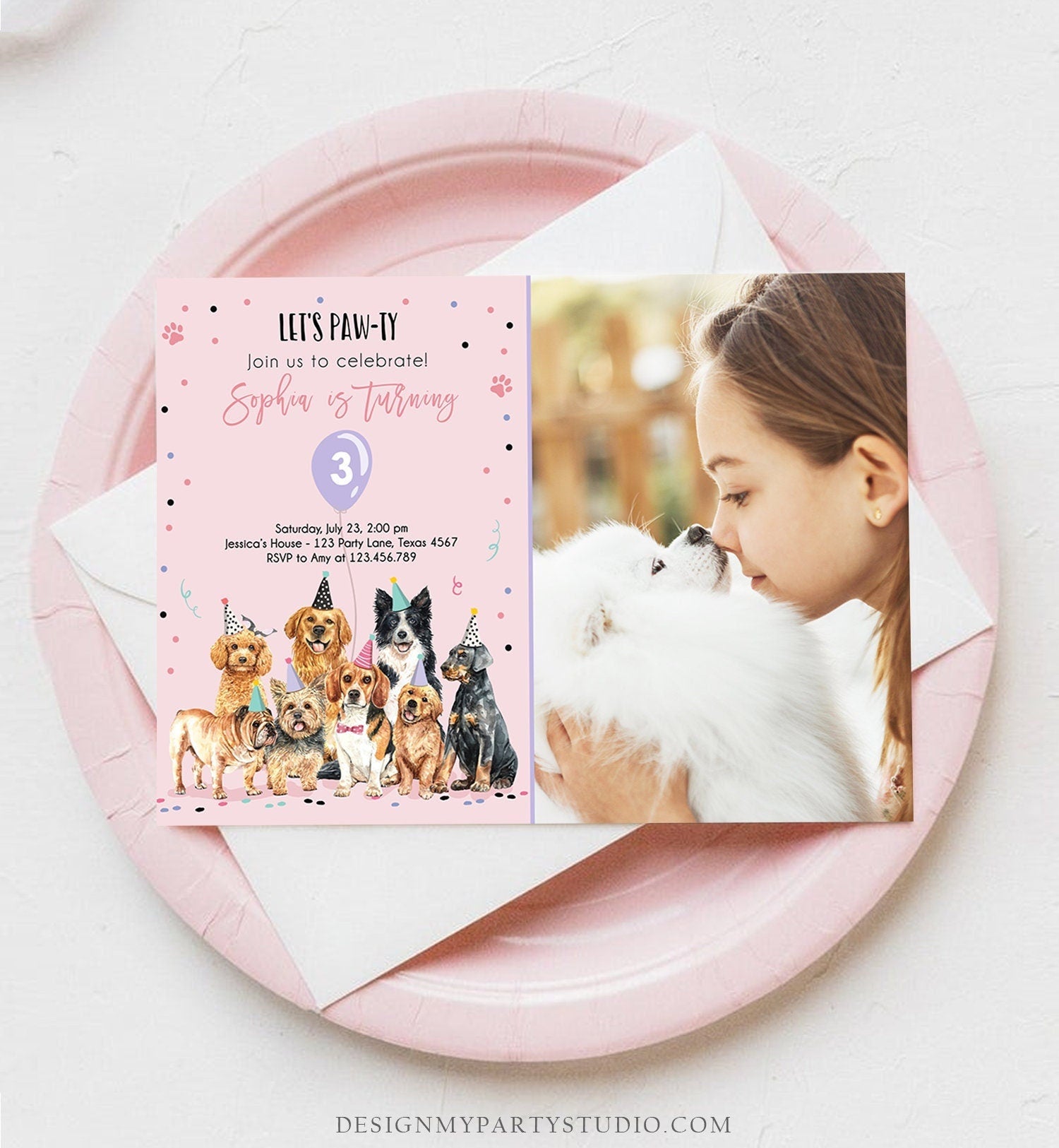 Editable Puppy Birthday Invitation Dogs Birthday Party Invite Pink Girl Watercolor Let's Pawty Dog Digital Download Template Printable 0384