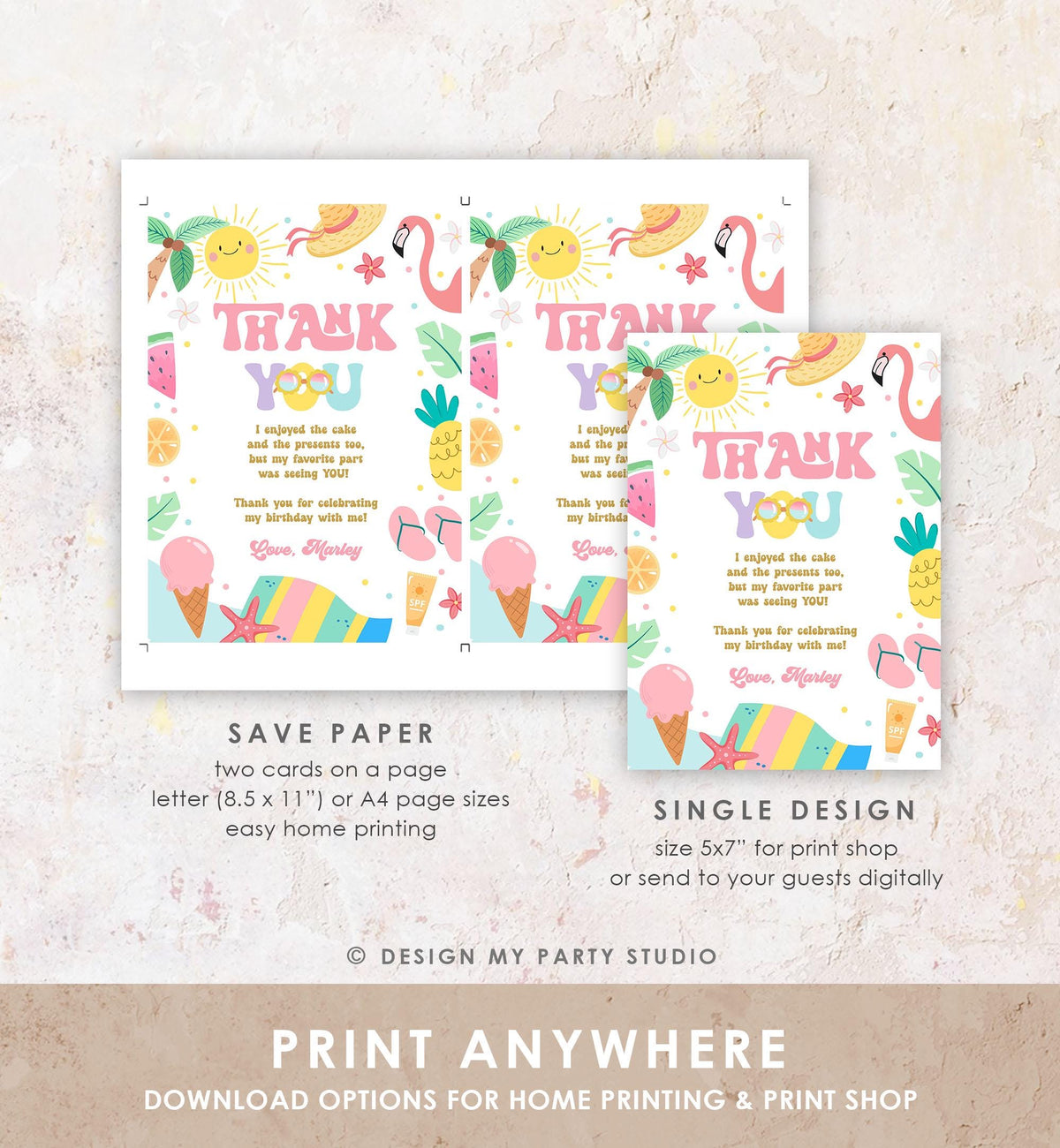 Editable Summer Thank You Card Two Cool Birthday Party Thank You Note Splish Splash Beach Pool Party Digital Template Printable 0465