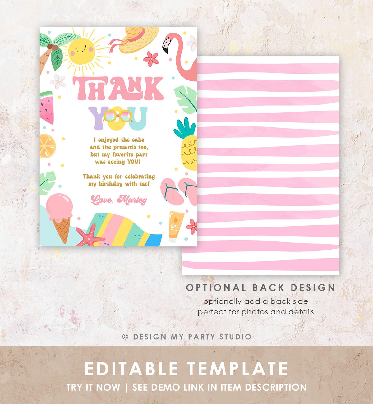 Editable Summer Thank You Card Two Cool Birthday Party Thank You Note Splish Splash Beach Pool Party Digital Template Printable 0465