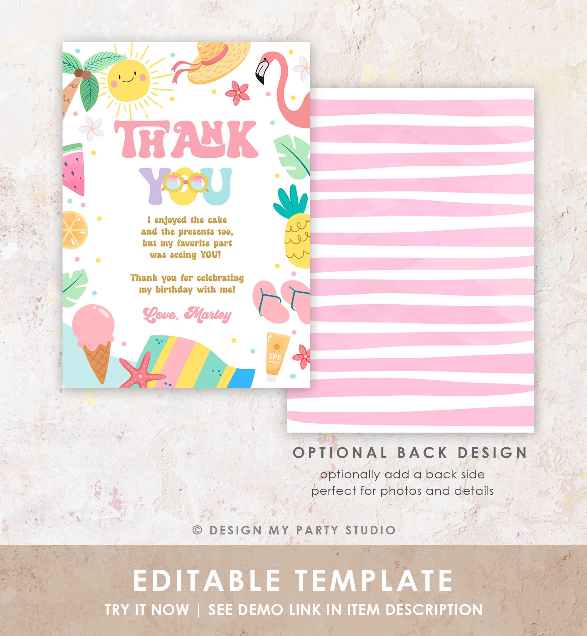 Editable Summer Thank You Card Two Cool Birthday Party Thank You Note Splish Splash Beach Pool Party Digital Template Printable 0465