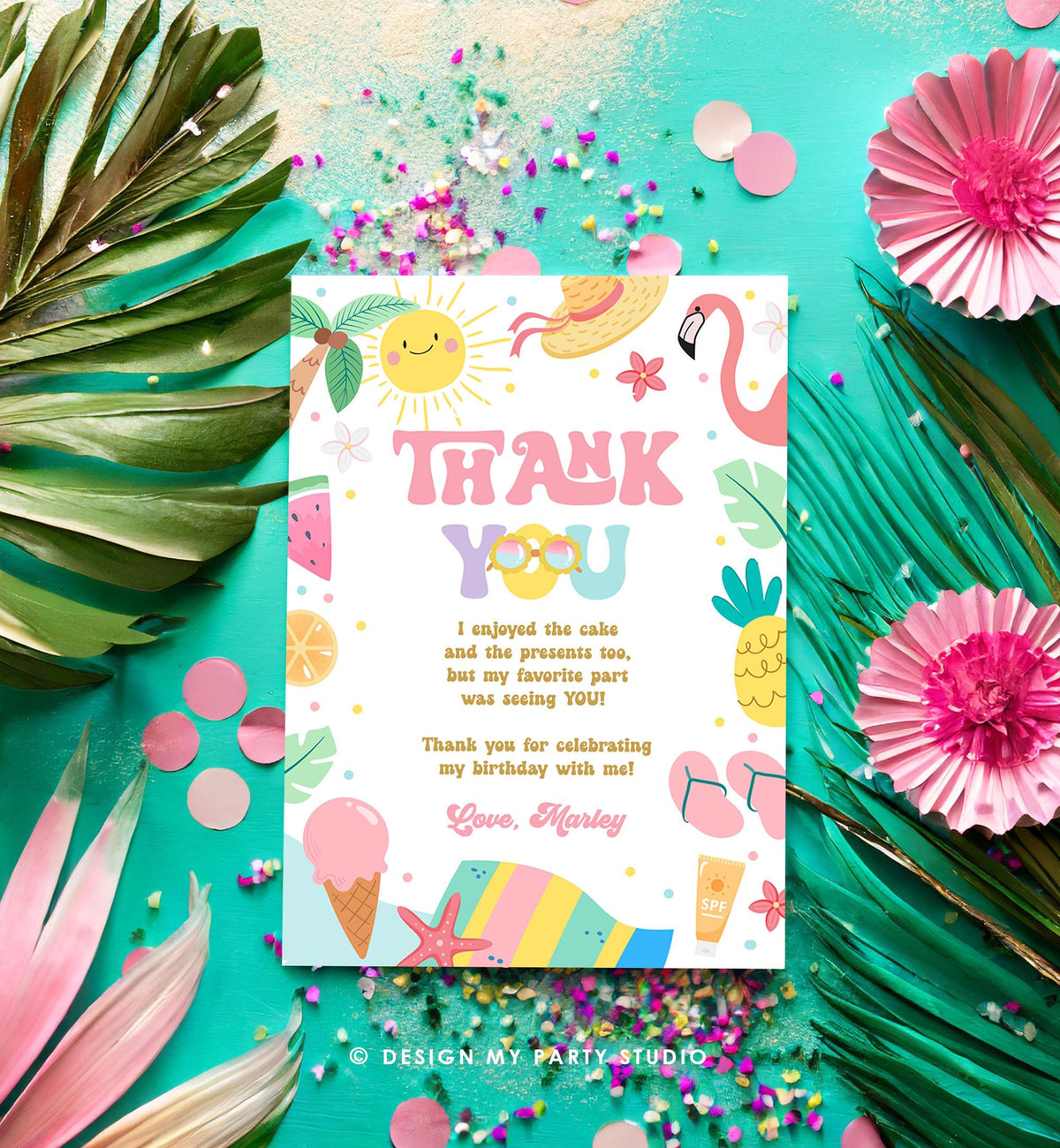Editable Summer Thank You Card Two Cool Birthday Party Thank You Note Splish Splash Beach Pool Party Digital Template Printable 0465
