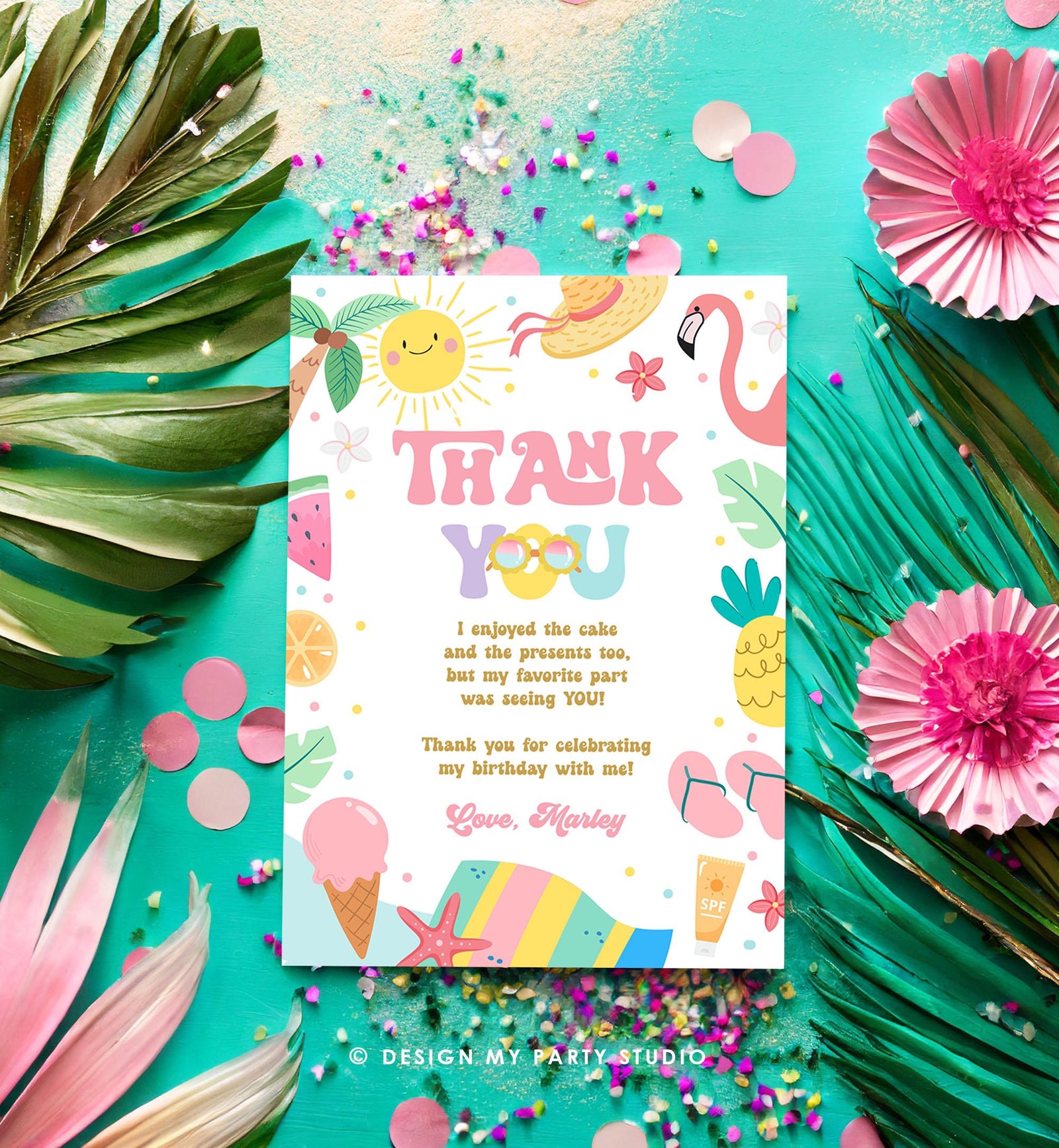 Editable Summer Thank You Card Two Cool Birthday Party Thank You Note Splish Splash Beach Pool Party Digital Template Printable 0465
