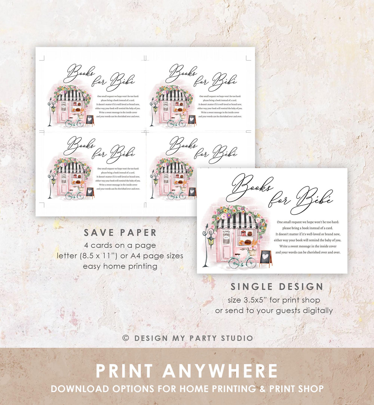 Editable Paris Cafe Bring a Book Card Baby Shower Books for Bebe Baby Book Request Eifel Tower Digital Download Template Printable 0441