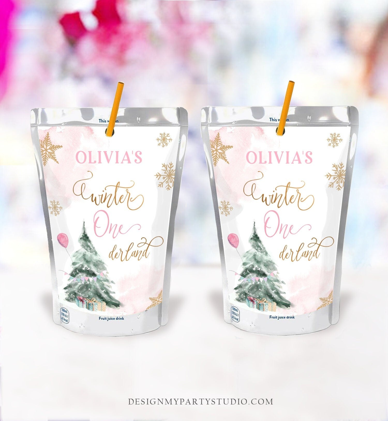 Editable Winter ONEderland Juice Pouch Label Juice Favors Girl Birthday Gold Christmas Snowflakes Digital Download Template Printable 0363
