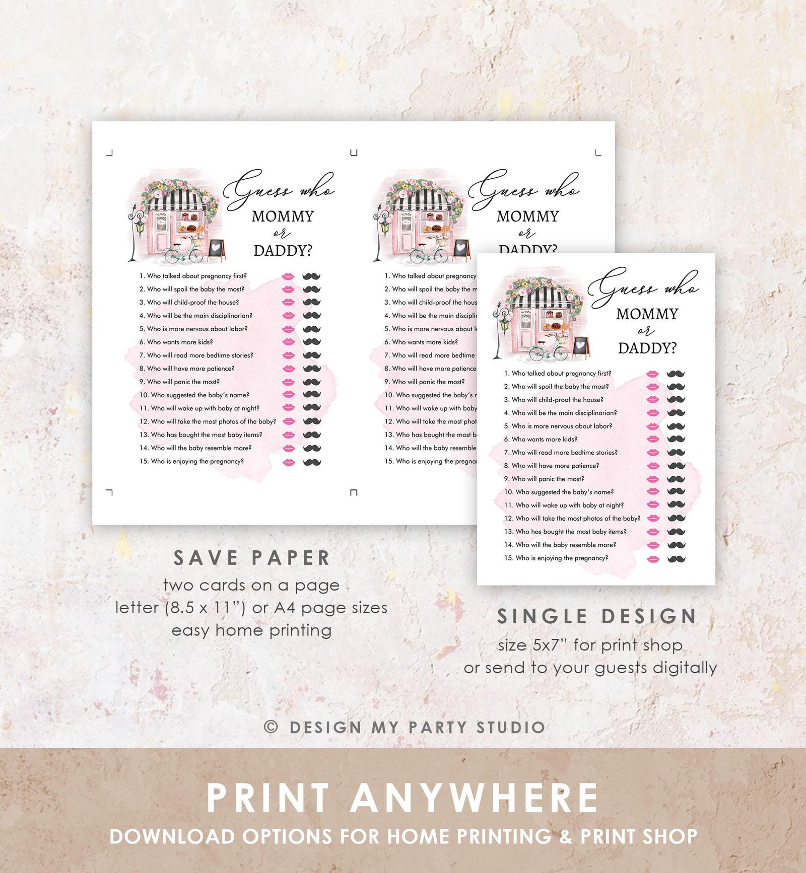 Editable Guess Who Mommy or Daddy Advice Game Paris Baby Shower Bonjour Bebe French Patisserie Eiffel Tower Download Template Printable 0441