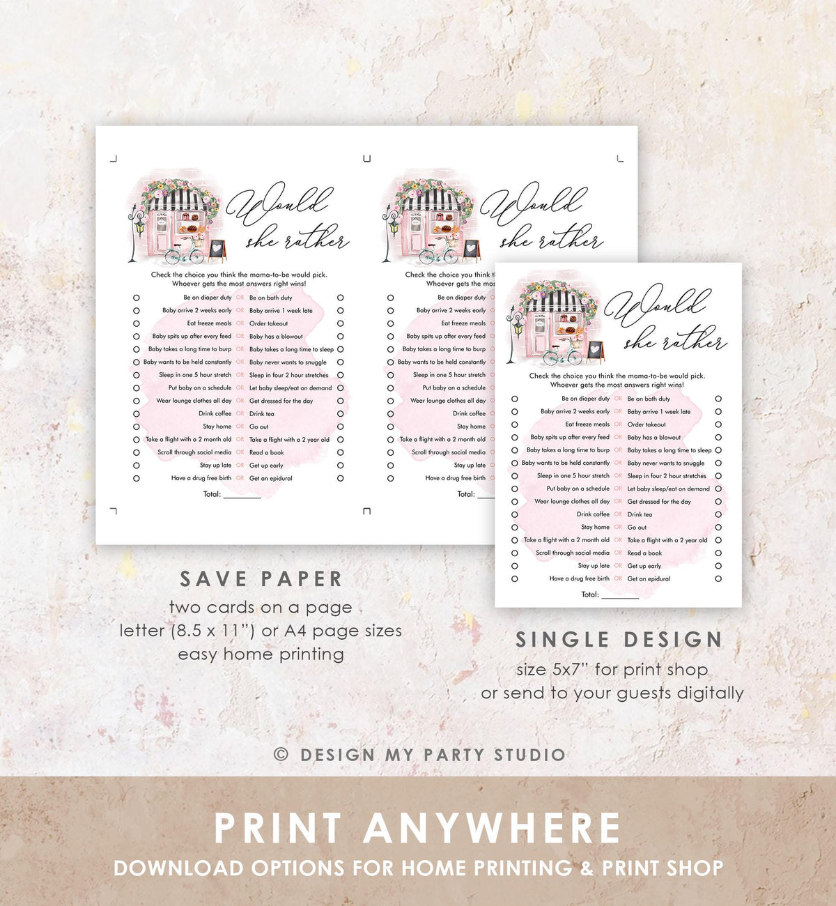 Editable Would She Rather Game Paris Baby Shower Bonjour Bebe French Patisserie Eiffel Tower Digital Download Template Printable 0441