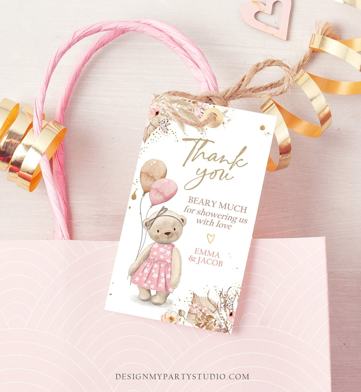 Editable Boho Teddy Bear Favor Tag Thank You Beary Much Gift Label Bearly Wait Baby Shower Bear Girl Pampas Digital Template Printable 0421