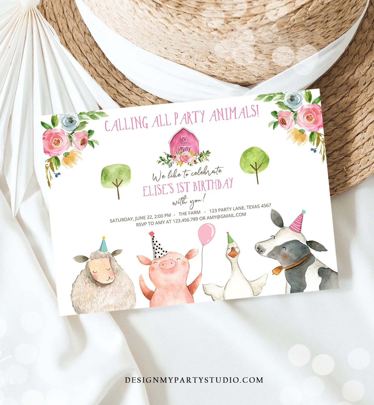 Editable Farm Animals Birthday Invitation Girl Party Animals Pink Barn Barnyard Birthday Digital Download Evite Template Printable 0155