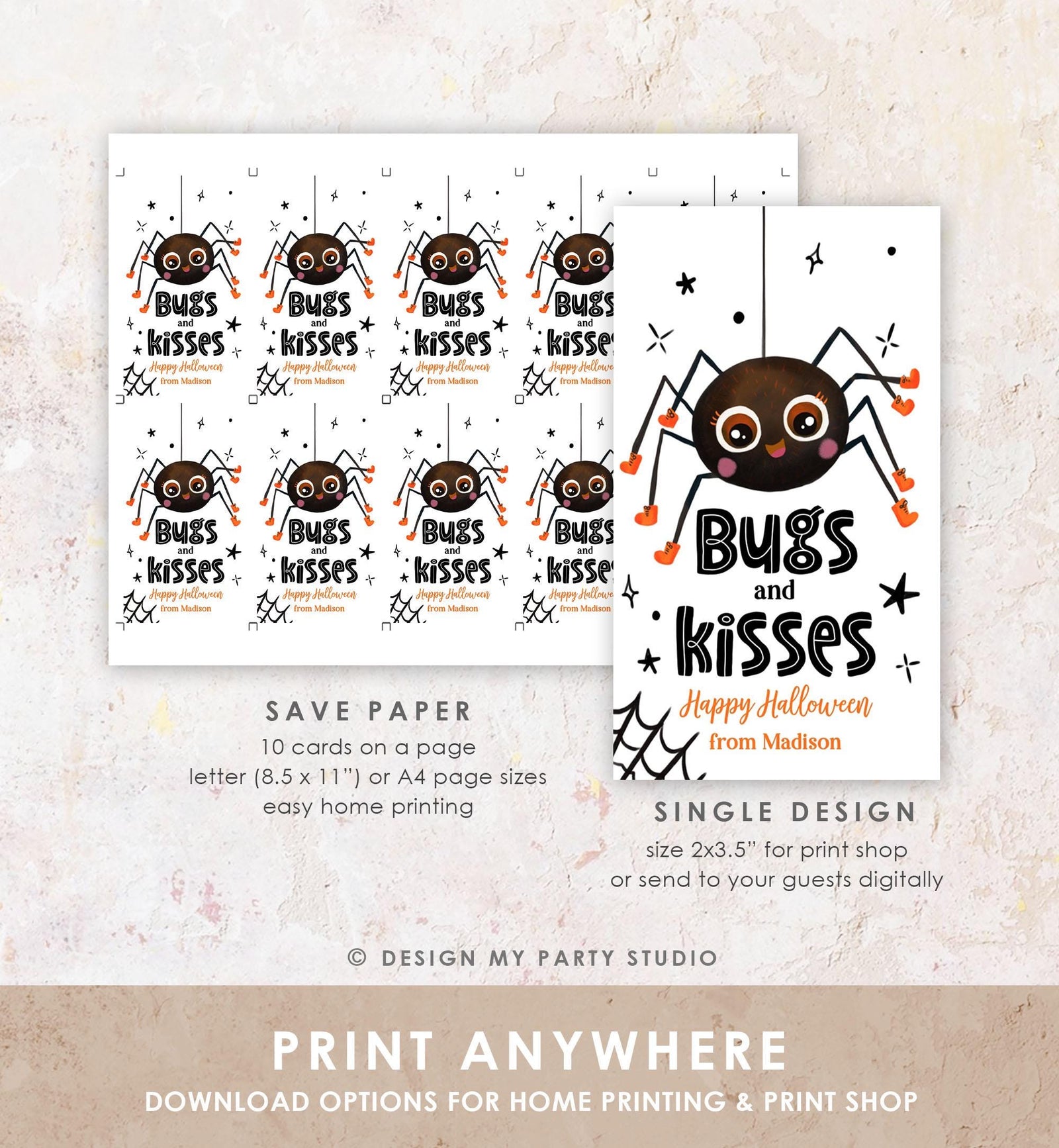 Editable Halloween Favor Tag Bugs and Kisses Gift Tag Costume Party Trick Or Treat Favor Tag Spider Download Printable Digital Template 0261