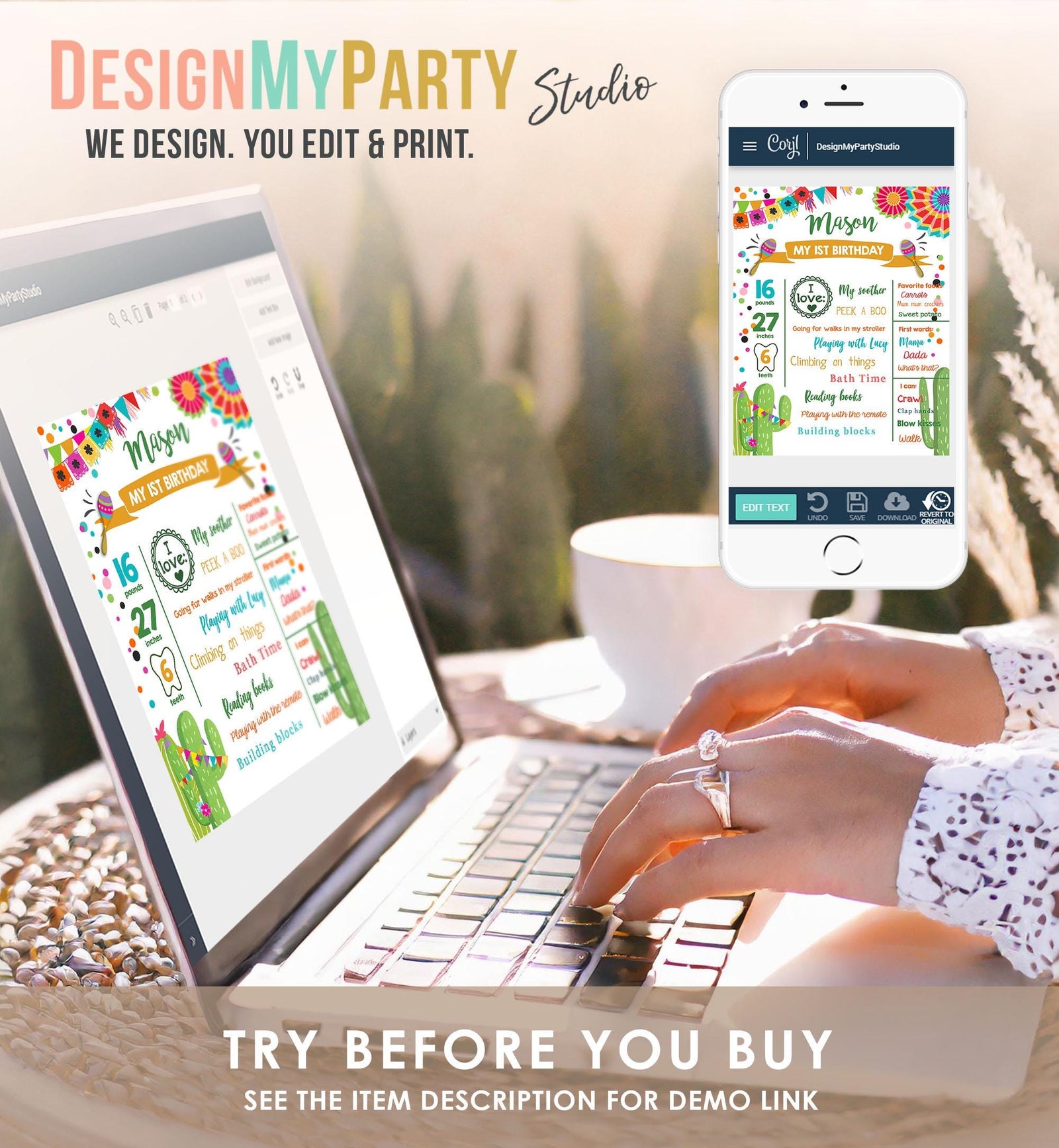 Editable First Fiesta Birthday Milestone Sign First Birthday Poster 1st Birthday Mexican Cactus Digital Template Download Printable 0045