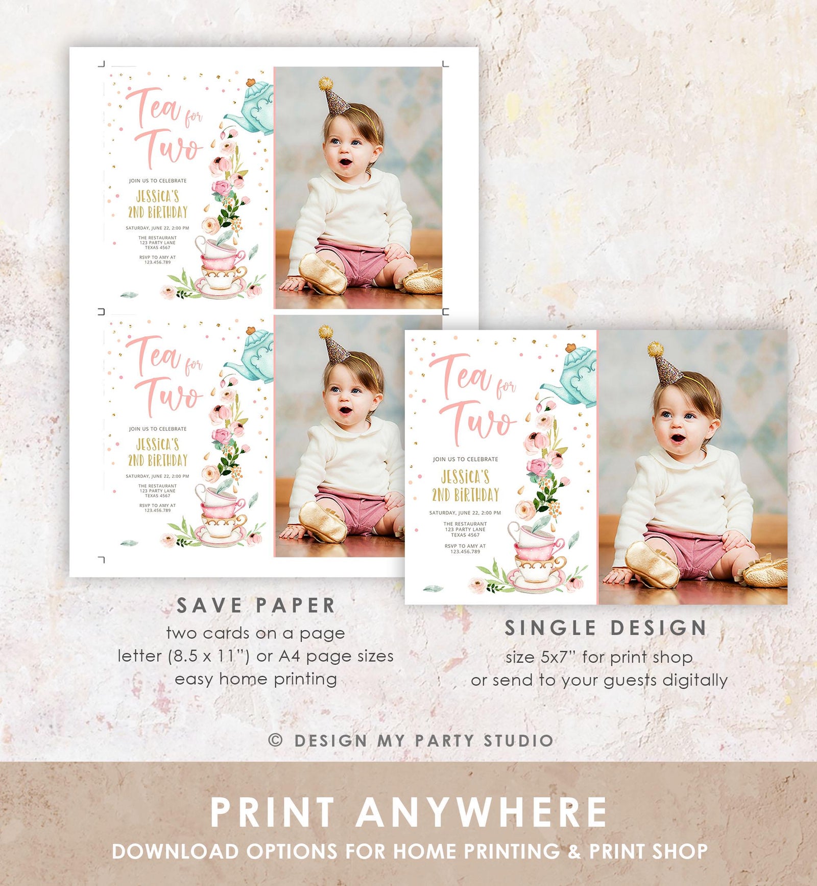 Editable Tea for Two Birthday Invitation Girl Tea Party Invite Pink Gold Floral Peach Pink Download Printable Template Digital Evite 0349
