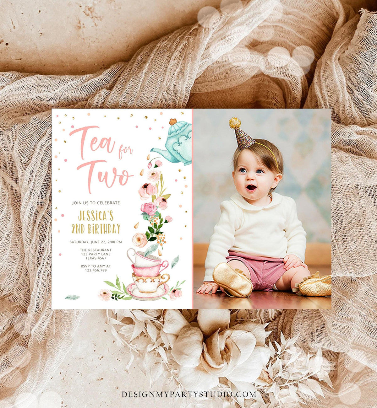 Editable Tea for Two Birthday Invitation Girl Tea Party Invite Pink Gold Floral Peach Pink Download Printable Template Digital Evite 0349