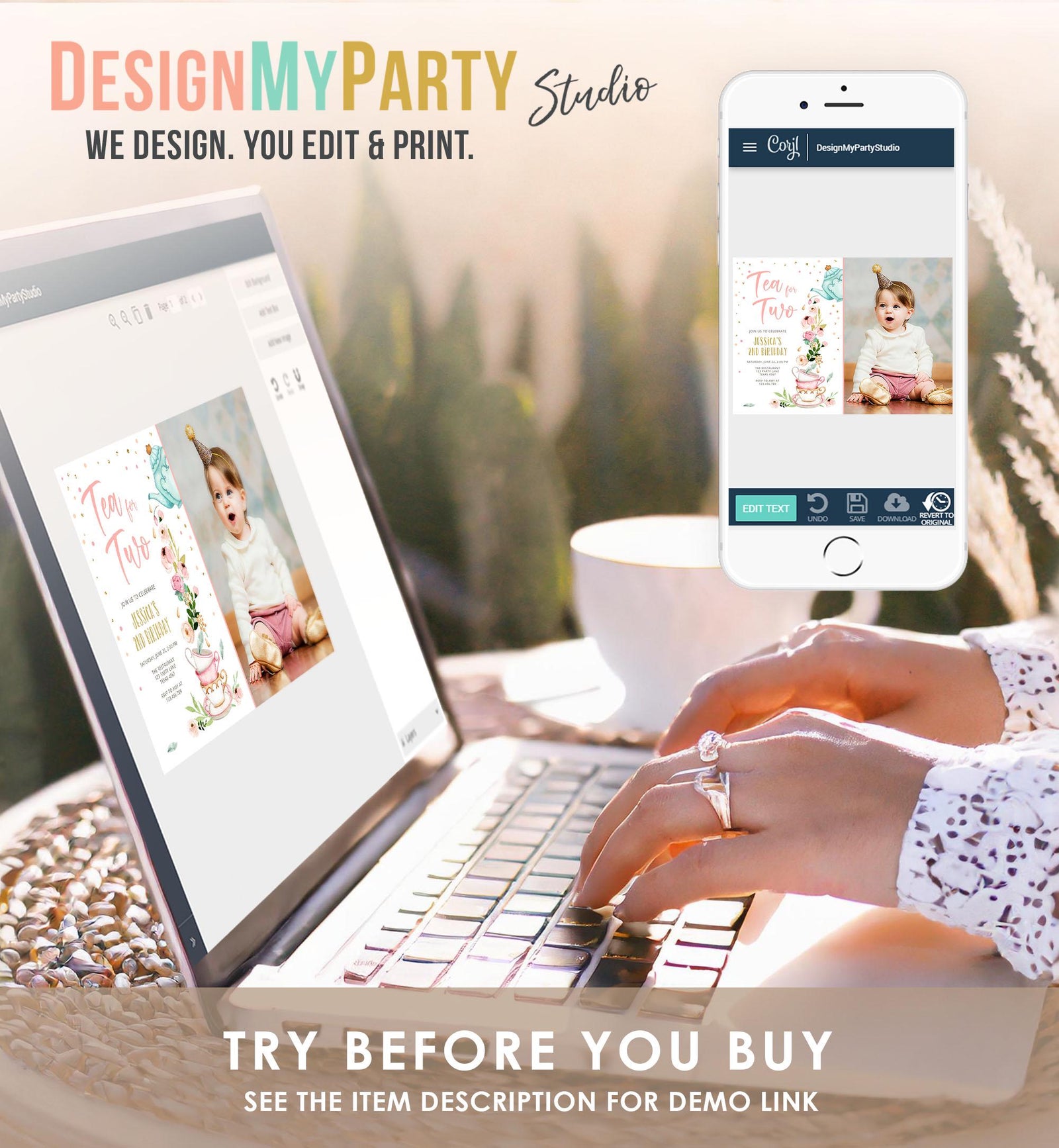 Editable Tea for Two Birthday Invitation Girl Tea Party Invite Pink Gold Floral Peach Pink Download Printable Template Digital Evite 0349