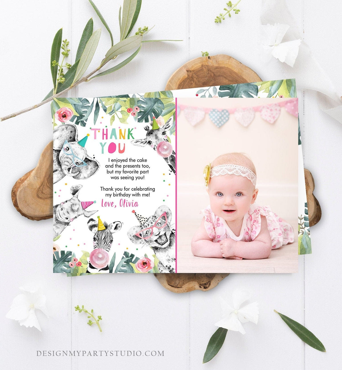 Editable Thank You Card Safari Animals Wild One Two Wild Thank You Note Girl Pink Gold Zoo Party Animals Digital Template Printable 0322