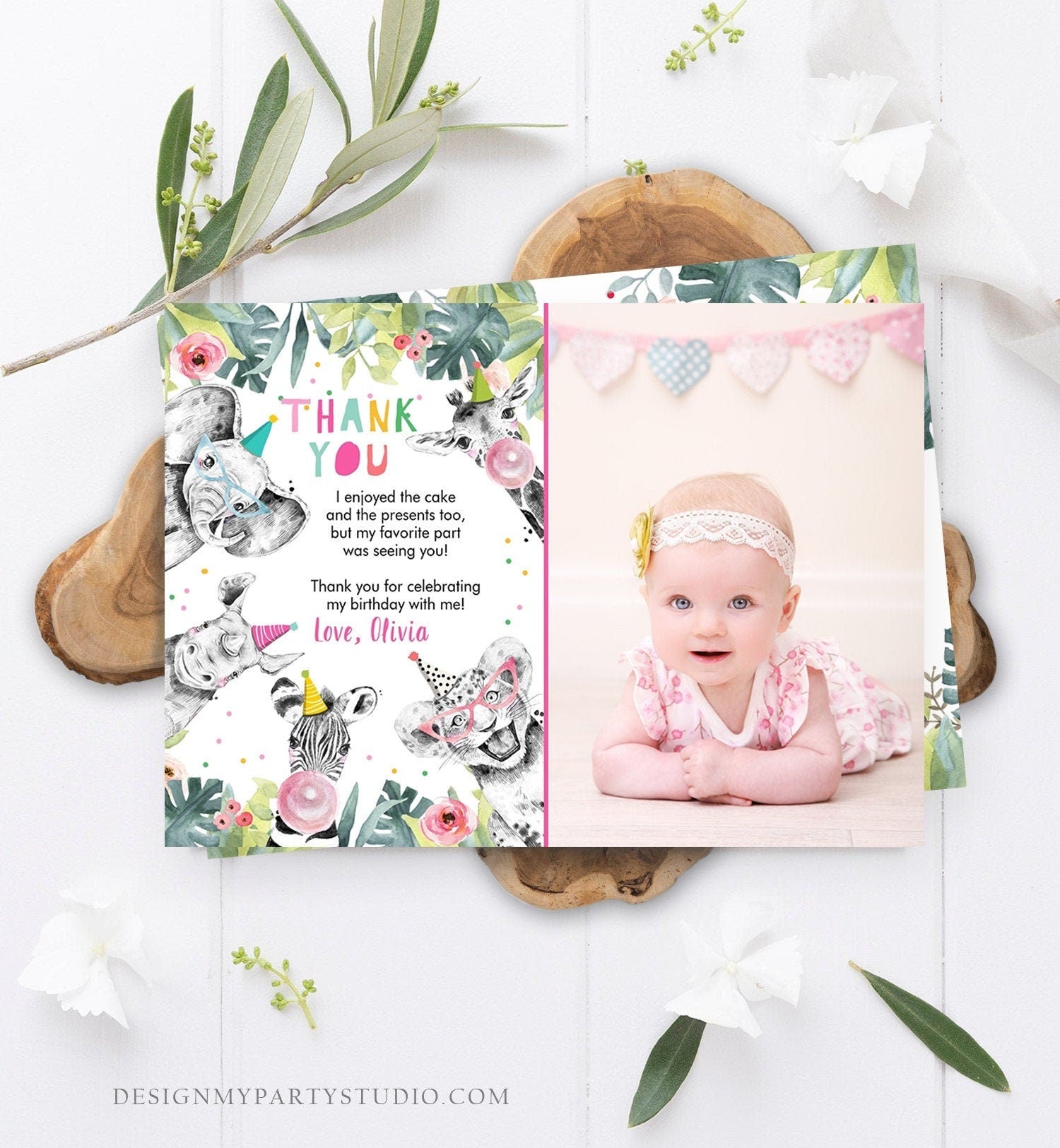 Editable Thank You Card Safari Animals Wild One Two Wild Thank You Note Girl Pink Gold Zoo Party Animals Digital Template Printable 0322