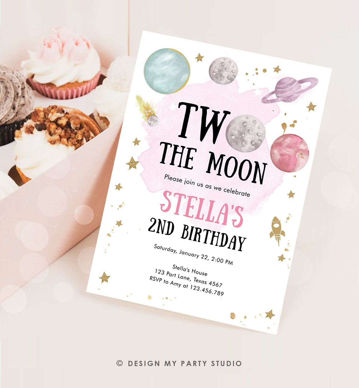 Editable Two the Moon Second Birthday Invitation Space Astronaut Love You to the Moon Galaxy 2nd Girl Digital Template Printable 0357